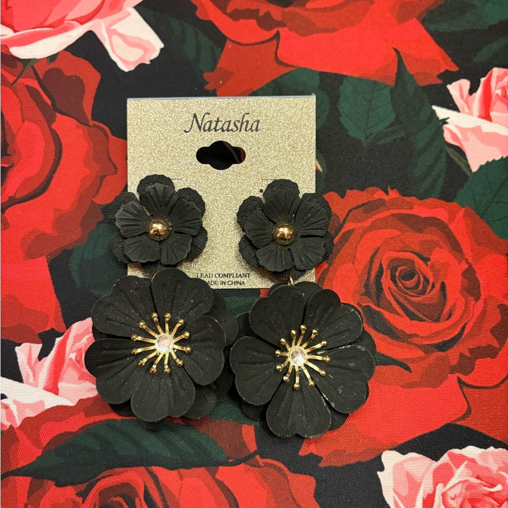 Natasha Couture Black Floral Earrings Set